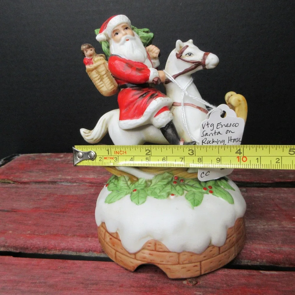Vtg Enesco Santa Claus on Rocking Horse Music Box 